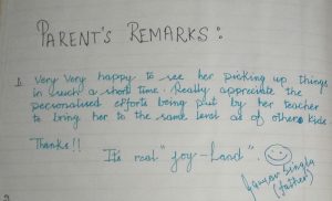 "Handwritten testimonial from Gaurav’s father about Joyland Montessori"