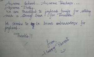 Handwritten parent testimonial by Sunita, mother of a Joyland Montessori student