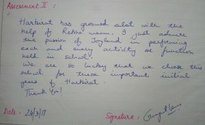 Handwritten parent testimonial by Gurpreet, mother of a Joyland Montessori student