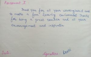 "Handwritten testimonial from Sunaina-mother- about Joyland Montessori"