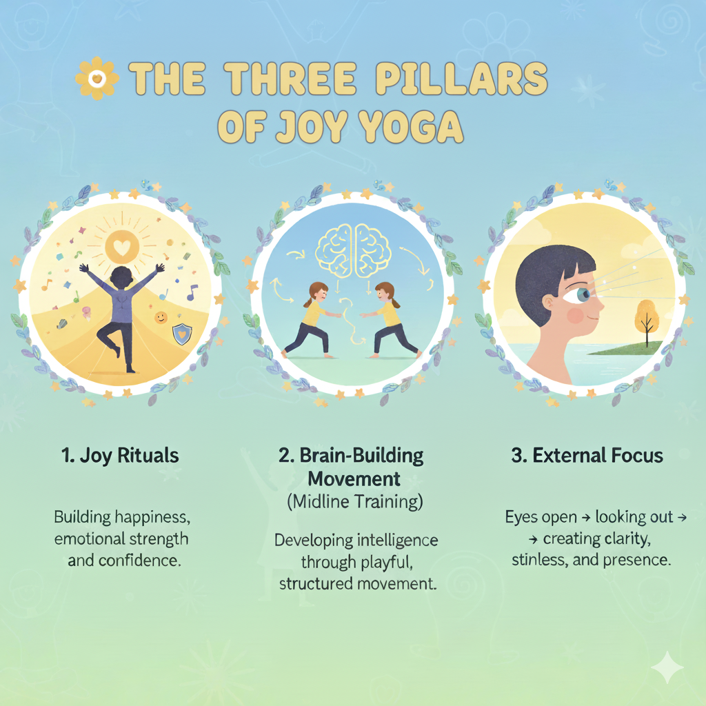 The Three Pillars of Joy Yoga for kids graphic, illustrating Joy Rituals, Brain-Building Movement (Midline Training), and External Focus.