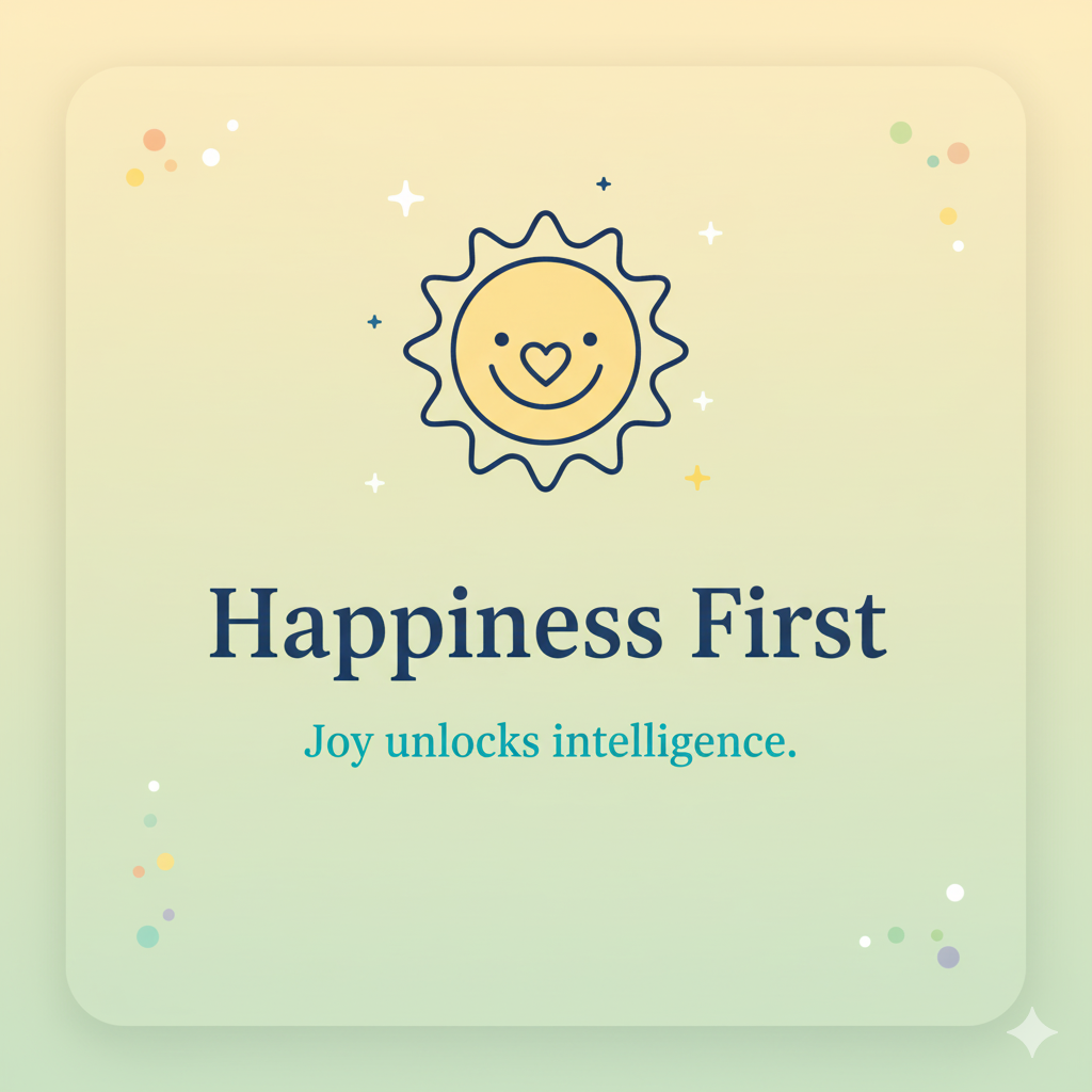 Premium benefit card for Joy Yoga for kids: Happiness First. Icon shows a smiling child surrounded by sun rays and a heart, symbolizing that joy unlocks intelligence.