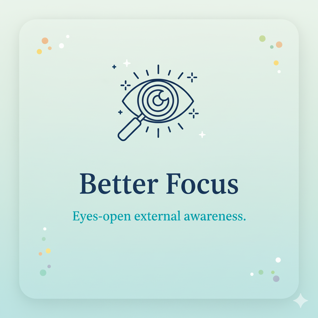 Premium benefit card for Joy Yoga for kids: Better Focus. Icon shows an eye looking outwards at a distance, illustrating eyes-open external awareness for concentration.