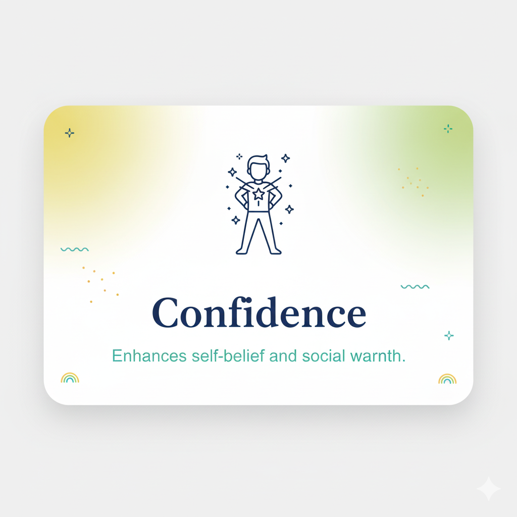 Premium benefit card for Joy Yoga for kids: Confidence. Icon shows a child standing tall and powerful, symbolizing enhanced self-belief and social warmth.