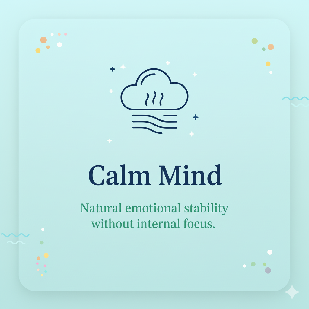 Premium benefit card for Joy Yoga for kids: Calm Mind. Icon shows a peaceful, meditating child with gentle waves or breathing lines, symbolizing natural emotional stability.