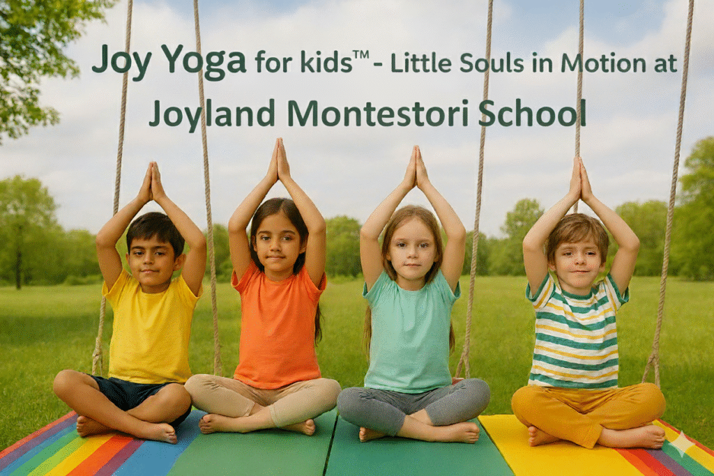 Joy Yoga for kids™ - Little Souls in Motion at Joyland Montessori School. Four children sit outdoors on colorful mats doing a simple yoga pose (hands raised, palms together).